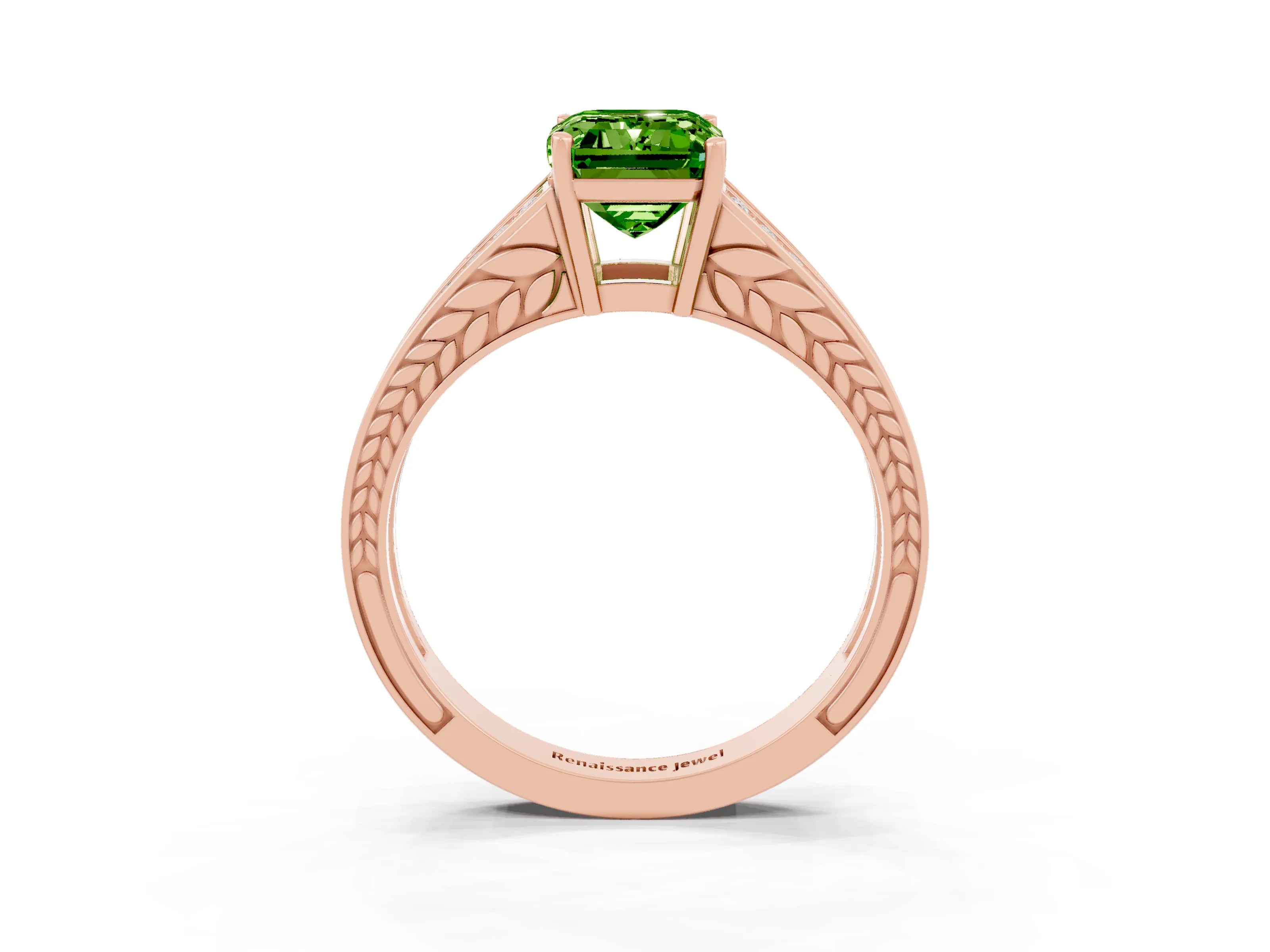 Rose gold Emerald Cut Peridot Split Shank Ring with Pavé Band and Four-Prong Setting_3