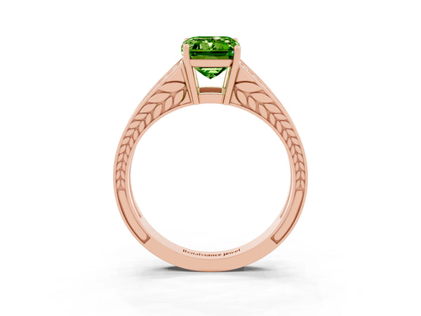 Rose gold Emerald Cut Peridot Split Shank Ring with Pavé Band and Four-Prong Setting