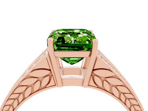 Rose gold Emerald Cut Peridot Split Shank Ring with Pavé Band and Four-Prong Setting_4