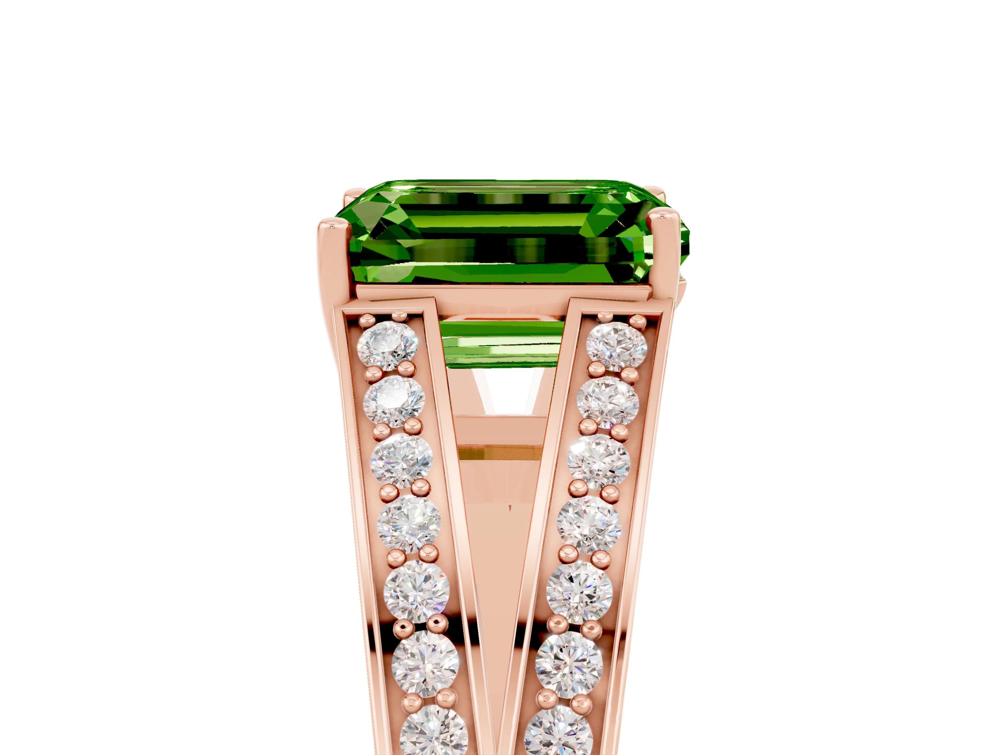 Rose gold Emerald Cut Peridot Split Shank Ring with Pavé Band and Four-Prong Setting_5