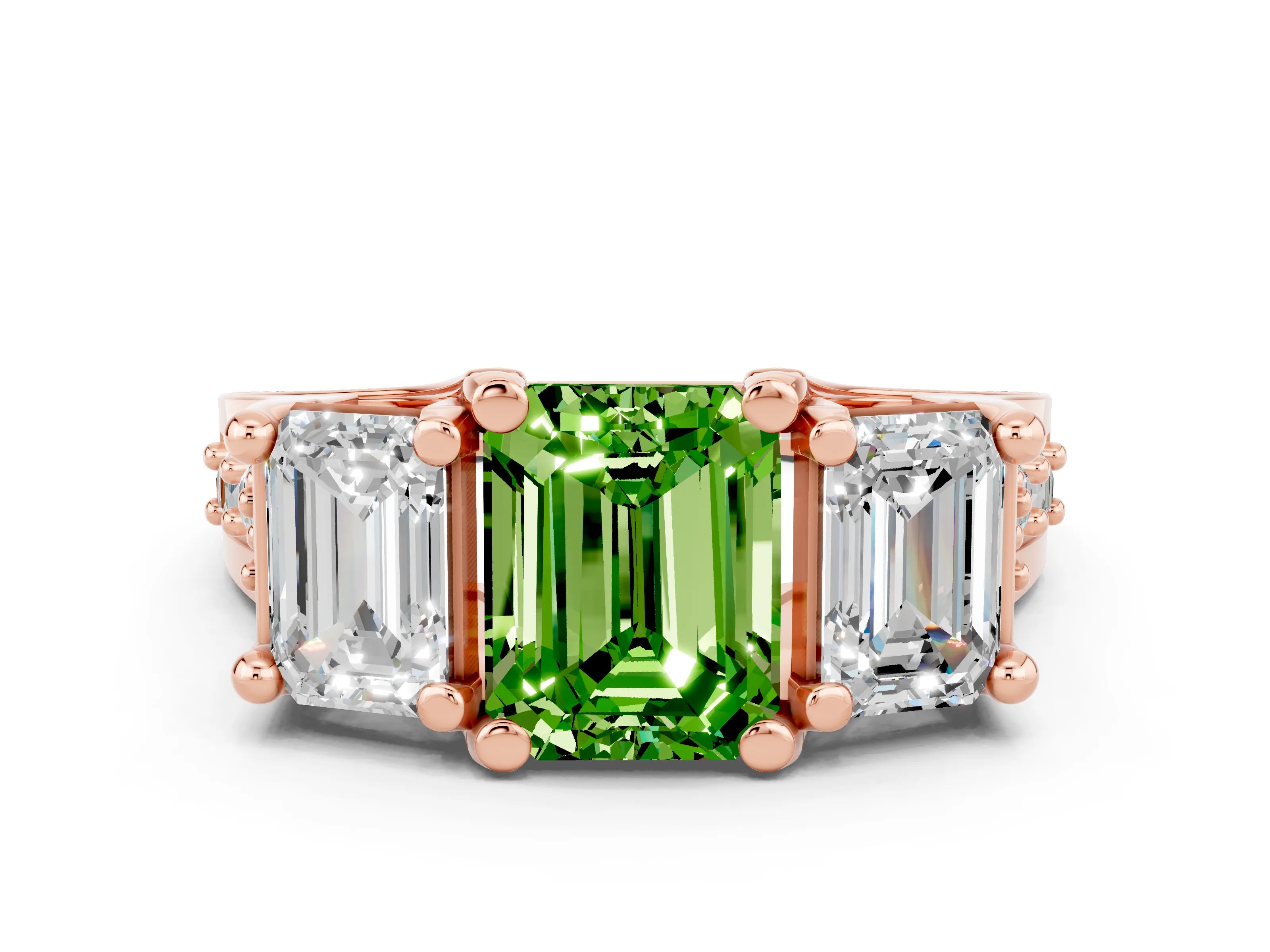 Rose gold Emerald Cut Peridot Three-Stone Ring with Channel Set Band and Four-Prong Setting