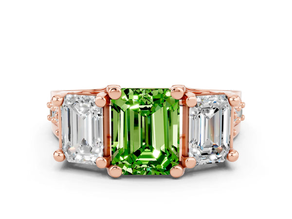 Rose gold Emerald Cut Peridot Three-Stone Ring with Channel Set Band and Four-Prong Setting