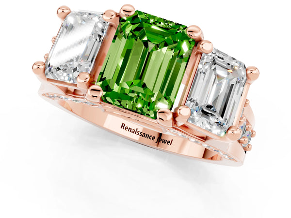Rose gold Emerald Cut Peridot Three-Stone Ring with Channel Set Band and Four-Prong Setting