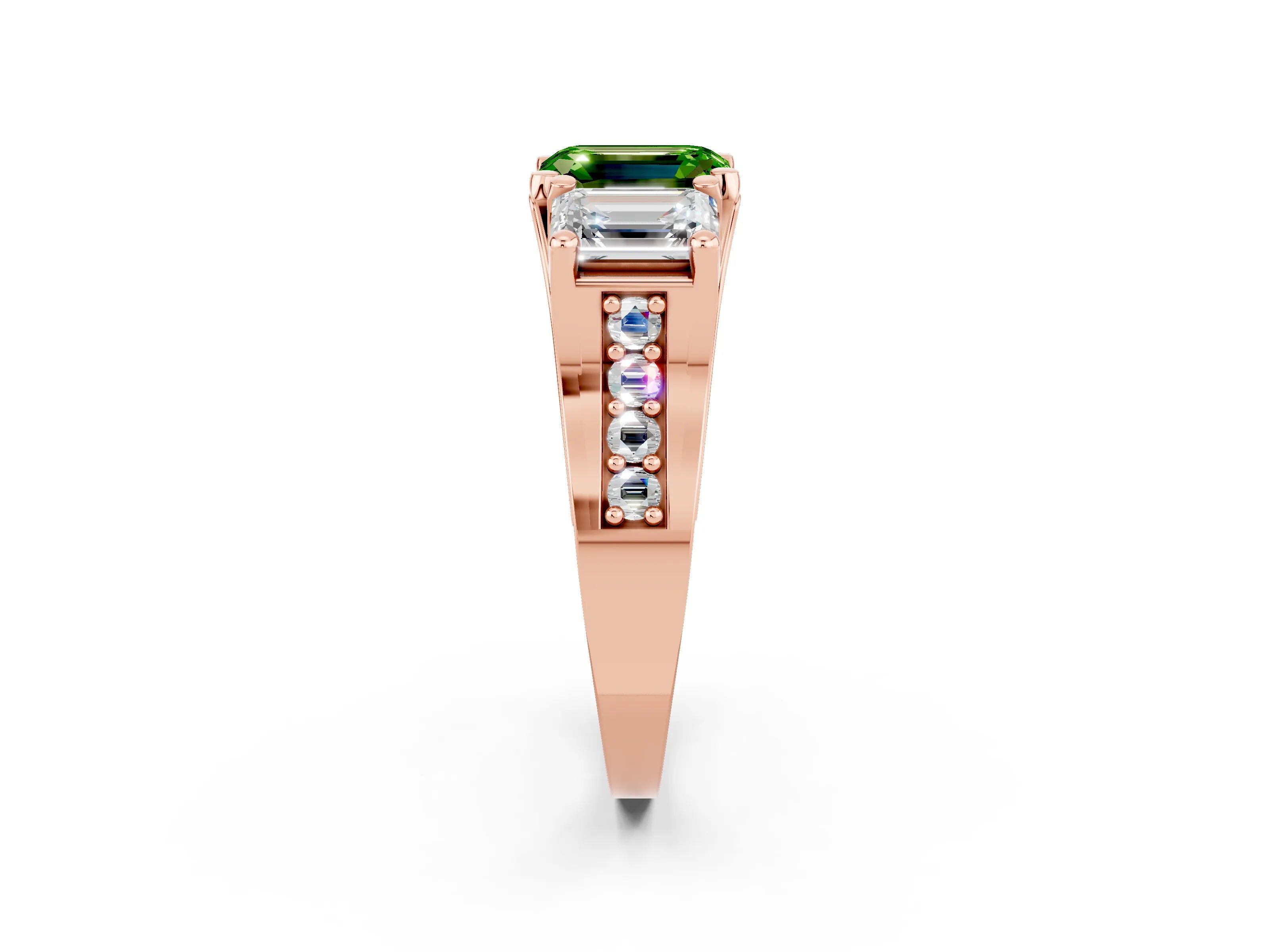 Rose gold Emerald Cut Peridot Three-Stone Ring with Channel Set Band and Four-Prong Setting_2