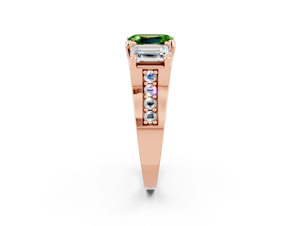 Rose gold Emerald Cut Peridot Three-Stone Ring with Channel Set Band and Four-Prong Setting