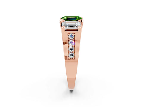 Rose gold Emerald Cut Peridot Three-Stone Ring with Channel Set Band and Four-Prong Setting_2
