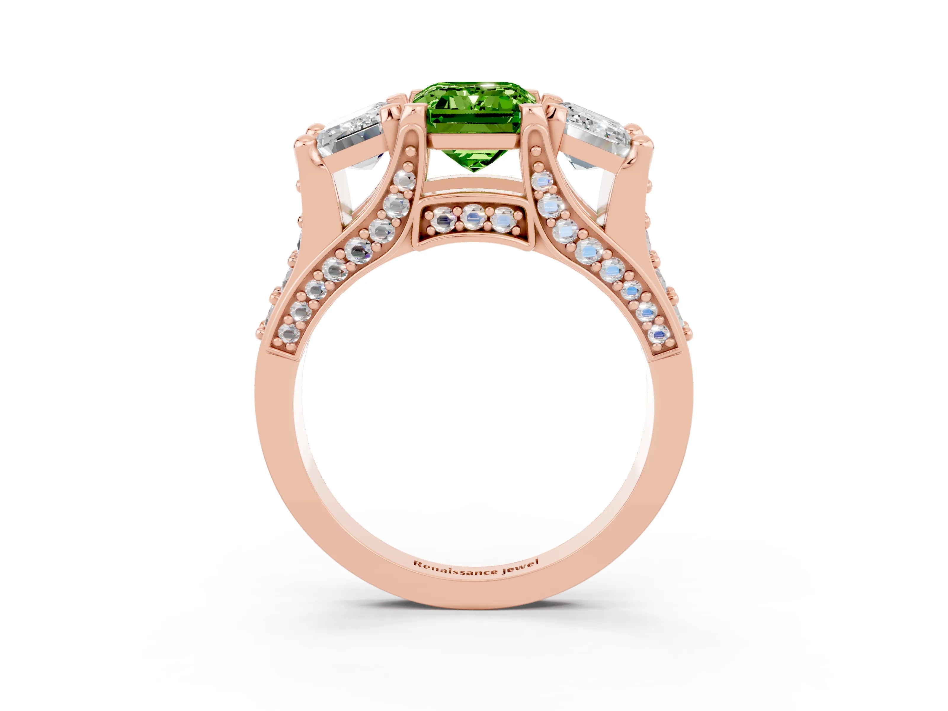 Rose gold Emerald Cut Peridot Three-Stone Ring with Channel Set Band and Four-Prong Setting_3