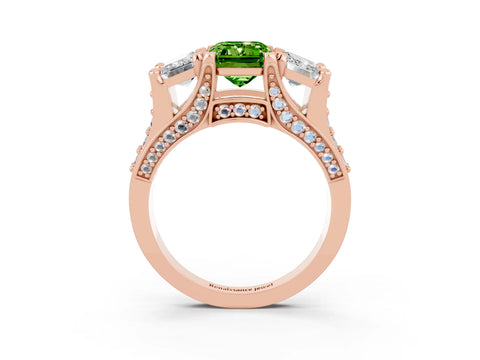 Rose gold Emerald Cut Peridot Three-Stone Ring with Channel Set Band and Four-Prong Setting_3