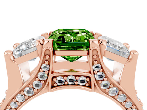 Rose gold Emerald Cut Peridot Three-Stone Ring with Channel Set Band and Four-Prong Setting_4