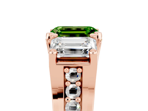 Rose gold Emerald Cut Peridot Three-Stone Ring with Channel Set Band and Four-Prong Setting_5