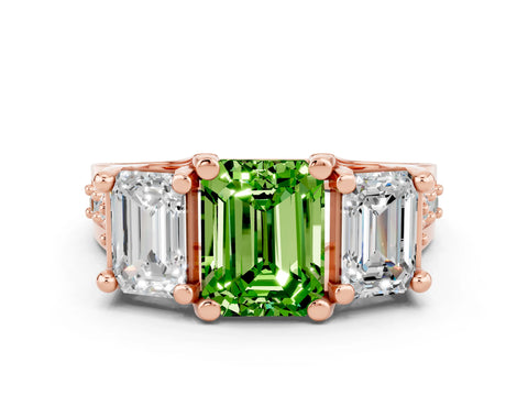 Rose gold Emerald Cut Peridot Three-Stone Ring with Channel Set Band and Four-Prong Setting