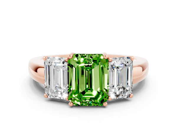 Rose gold Emerald Cut Peridot Three-Stone Ring with Four-Prong Setting and Classic Band