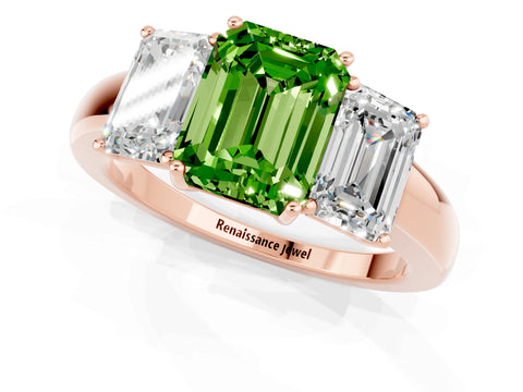 Rose gold Emerald Cut Peridot Three-Stone Ring with Four-Prong Setting and Classic Band_1