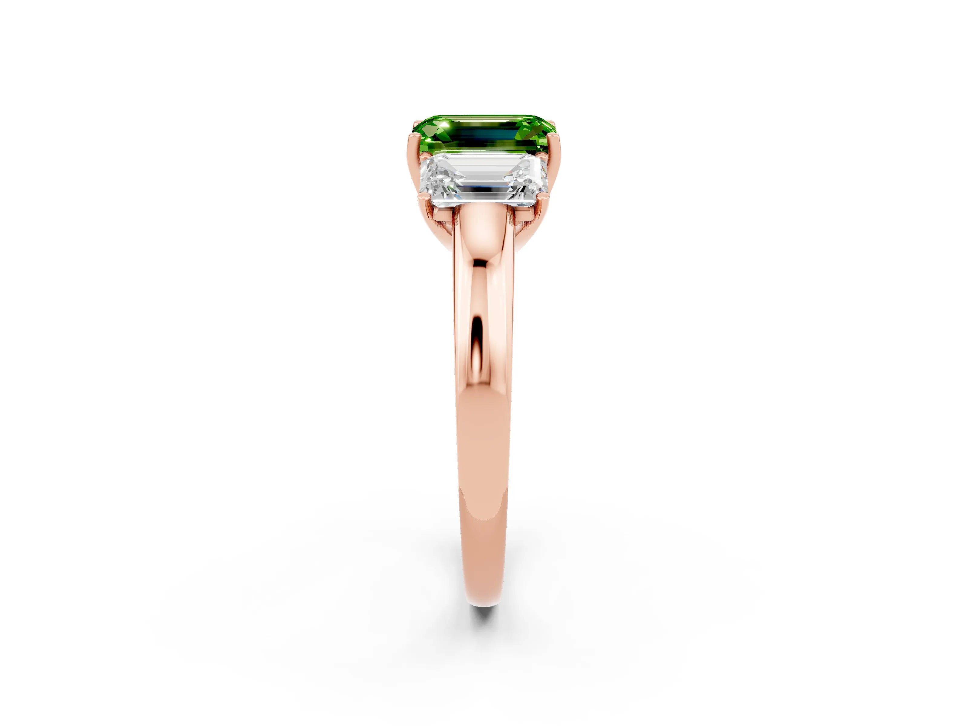 Rose gold Emerald Cut Peridot Three-Stone Ring with Four-Prong Setting and Classic Band_2