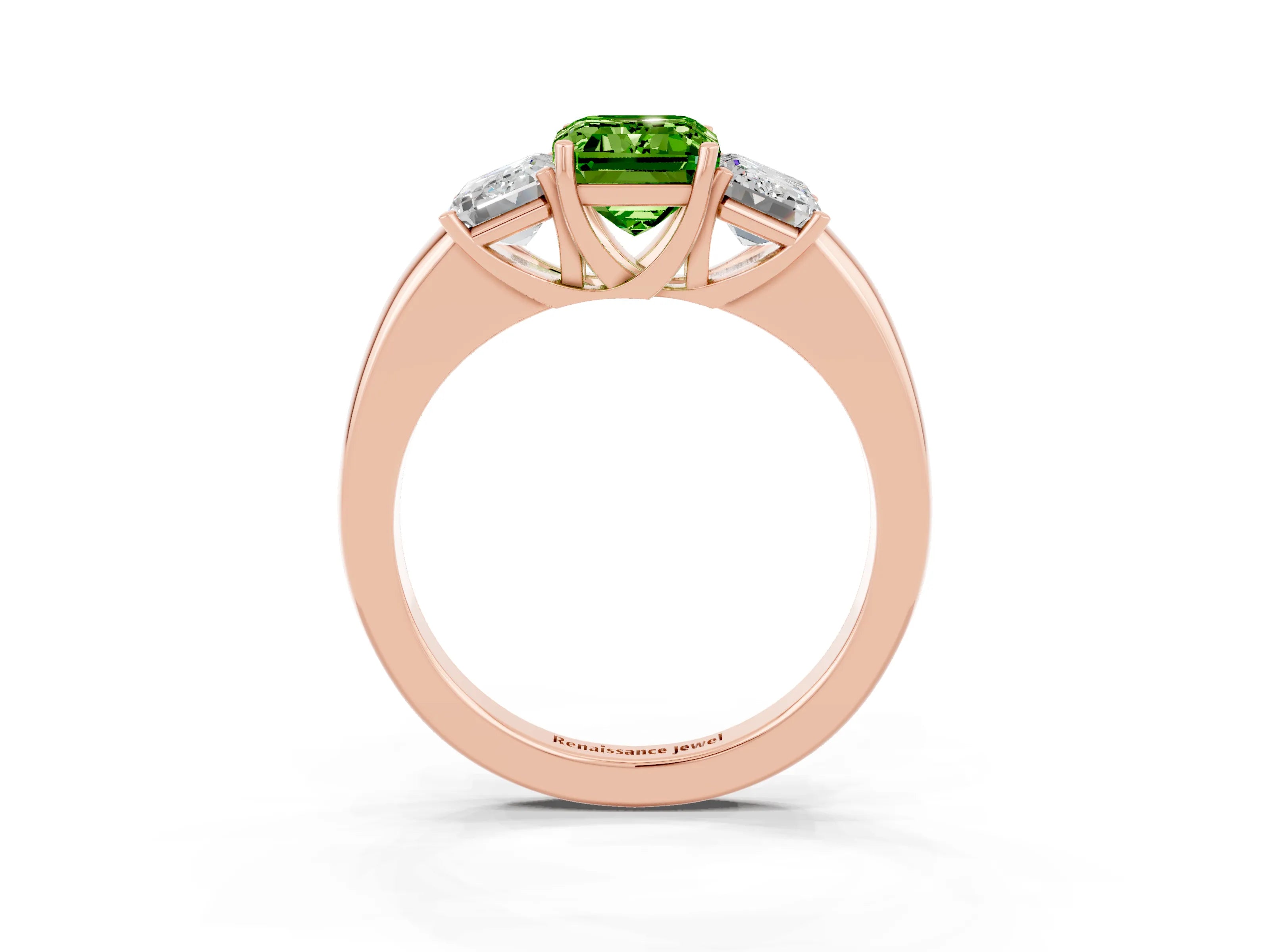 Rose gold Emerald Cut Peridot Three-Stone Ring with Four-Prong Setting and Classic Band_3