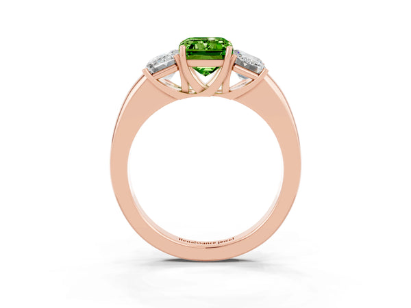 Rose gold Emerald Cut Peridot Three-Stone Ring with Four-Prong Setting and Classic Band
