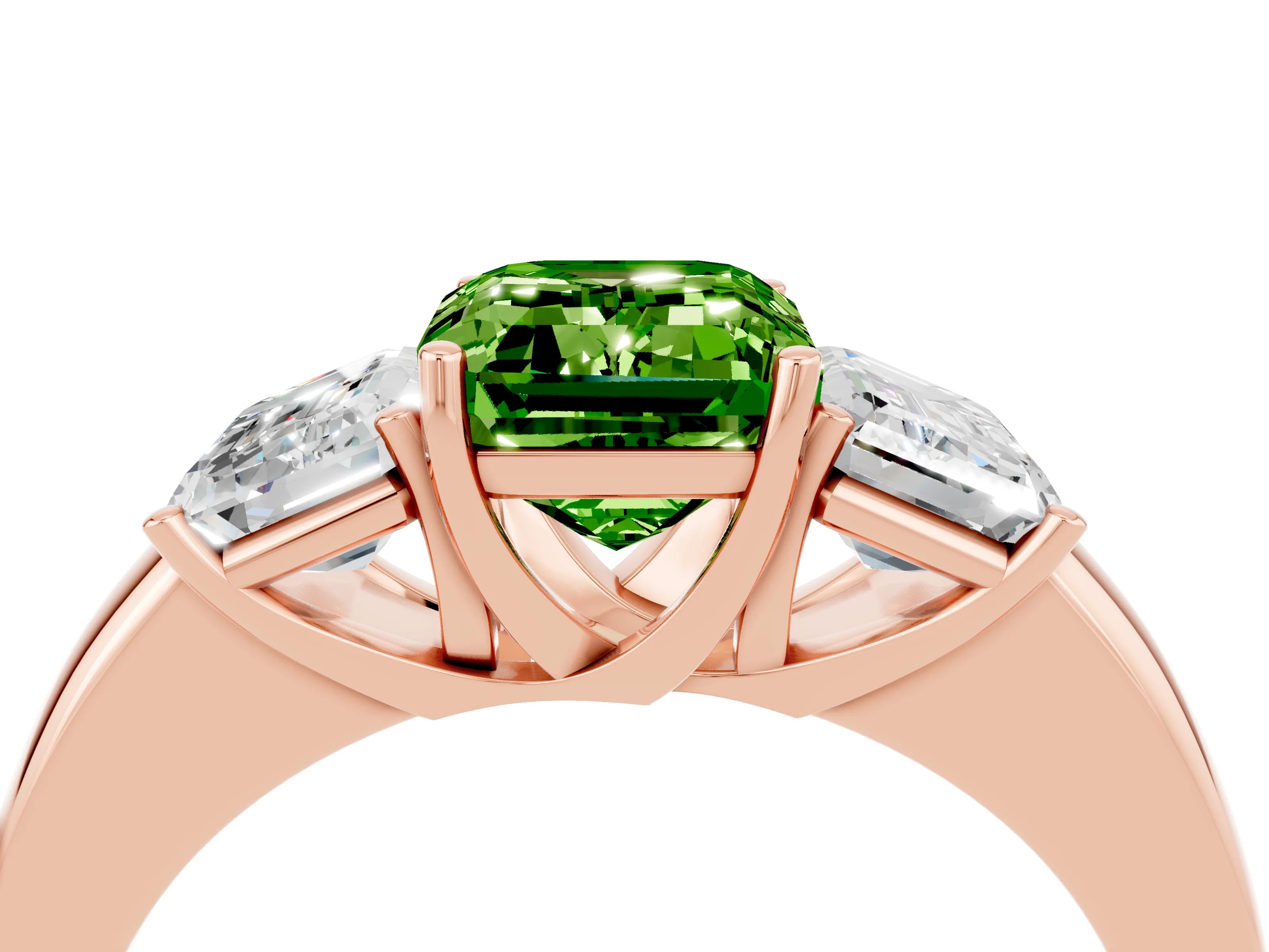 Rose gold Emerald Cut Peridot Three-Stone Ring with Four-Prong Setting and Classic Band_4