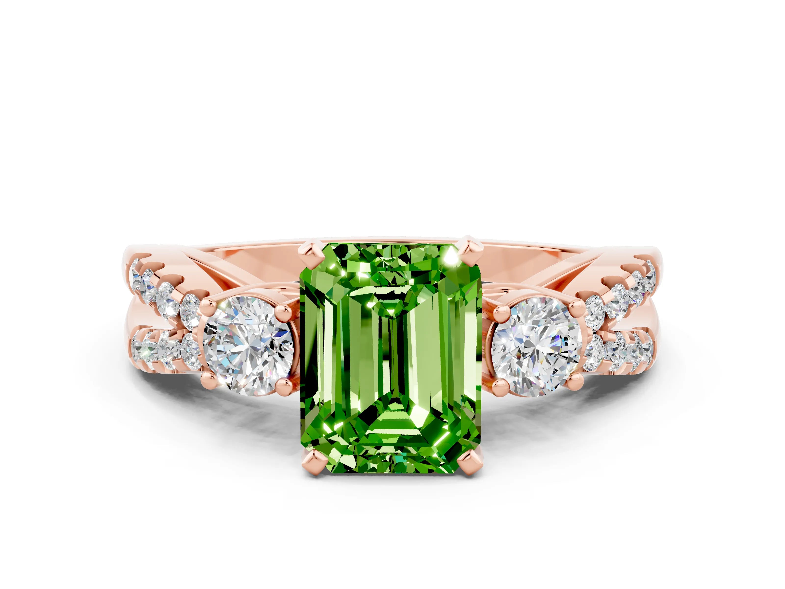 Rose gold Emerald Cut Peridot Three-Stone Ring with Pavé Split Shank and Four-Prong Setting