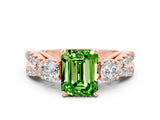 Rose gold Emerald Cut Peridot Three-Stone Ring with Pavé Split Shank and Four-Prong Setting