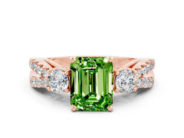 Rose gold Emerald Cut Peridot Three-Stone Ring with Pavé Split Shank and Four-Prong Setting