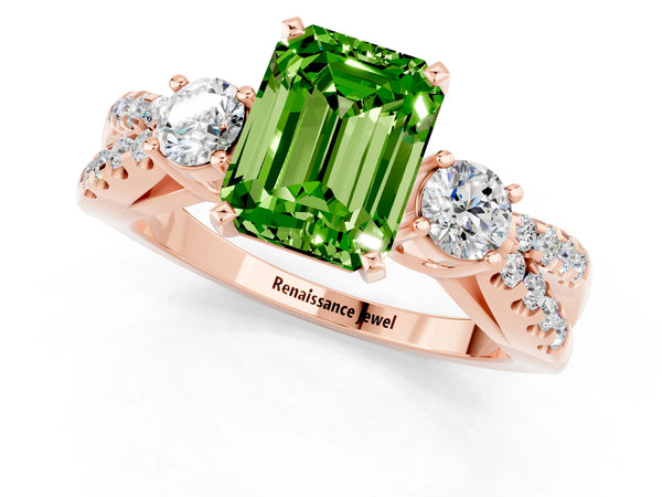 Rose gold Emerald Cut Peridot Three-Stone Ring with Pavé Split Shank and Four-Prong Setting