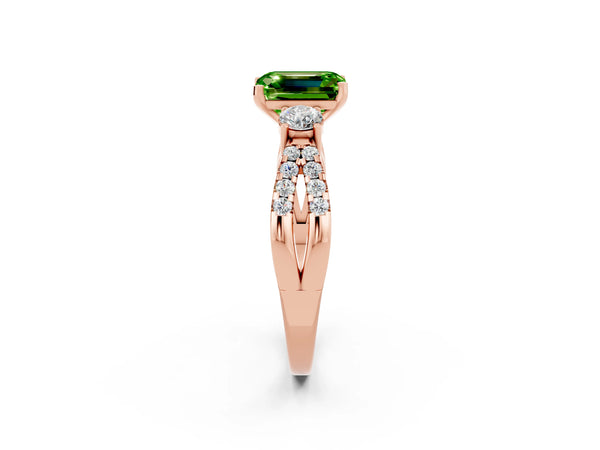 Rose gold Emerald Cut Peridot Three-Stone Ring with Pavé Split Shank and Four-Prong Setting