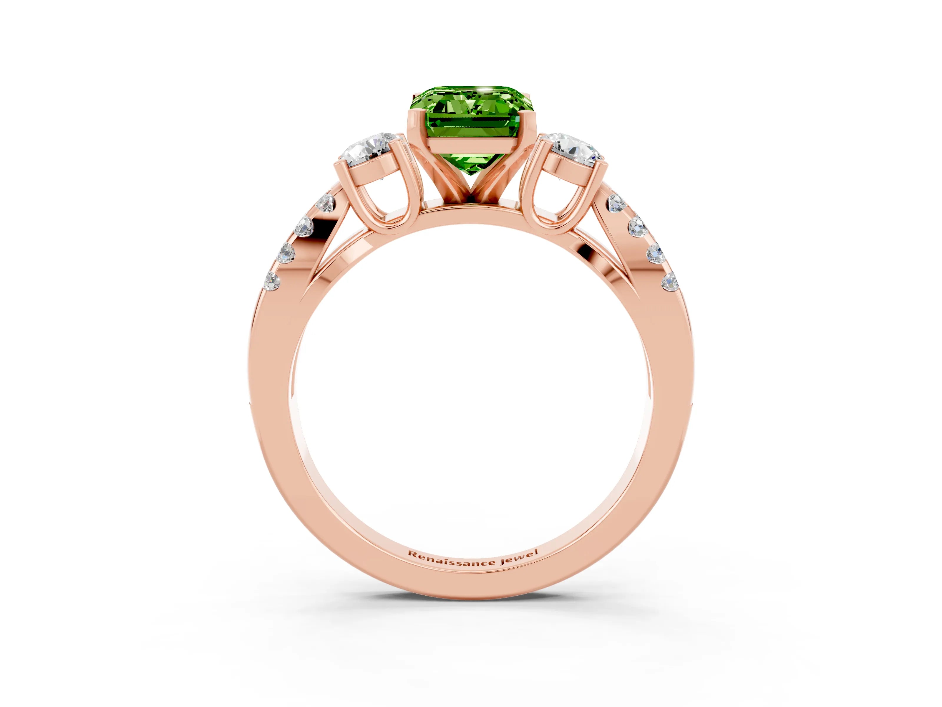 Rose gold Emerald Cut Peridot Three-Stone Ring with Pavé Split Shank and Four-Prong Setting_3