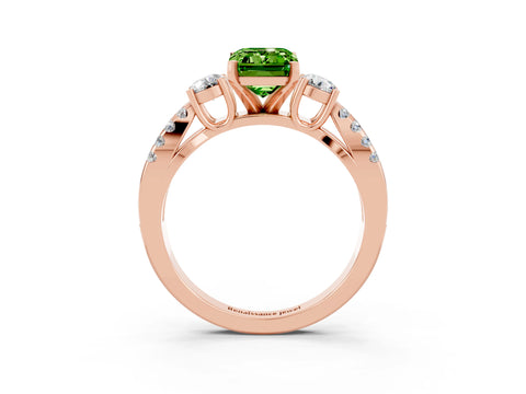 Rose gold Emerald Cut Peridot Three-Stone Ring with Pavé Split Shank and Four-Prong Setting_3