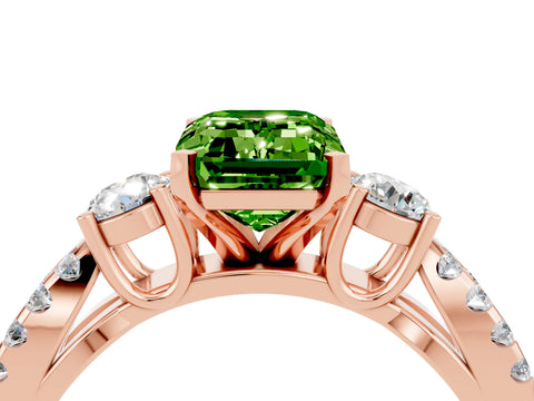 Rose gold Emerald Cut Peridot Three-Stone Ring with Pavé Split Shank and Four-Prong Setting_4