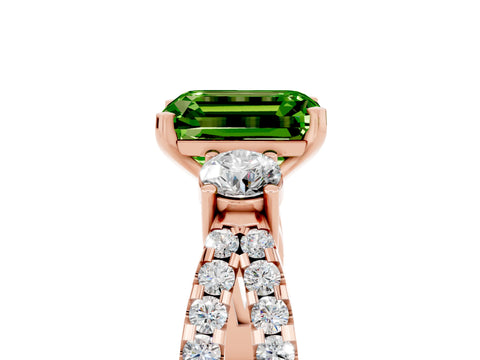 Rose gold Emerald Cut Peridot Three-Stone Ring with Pavé Split Shank and Four-Prong Setting_5