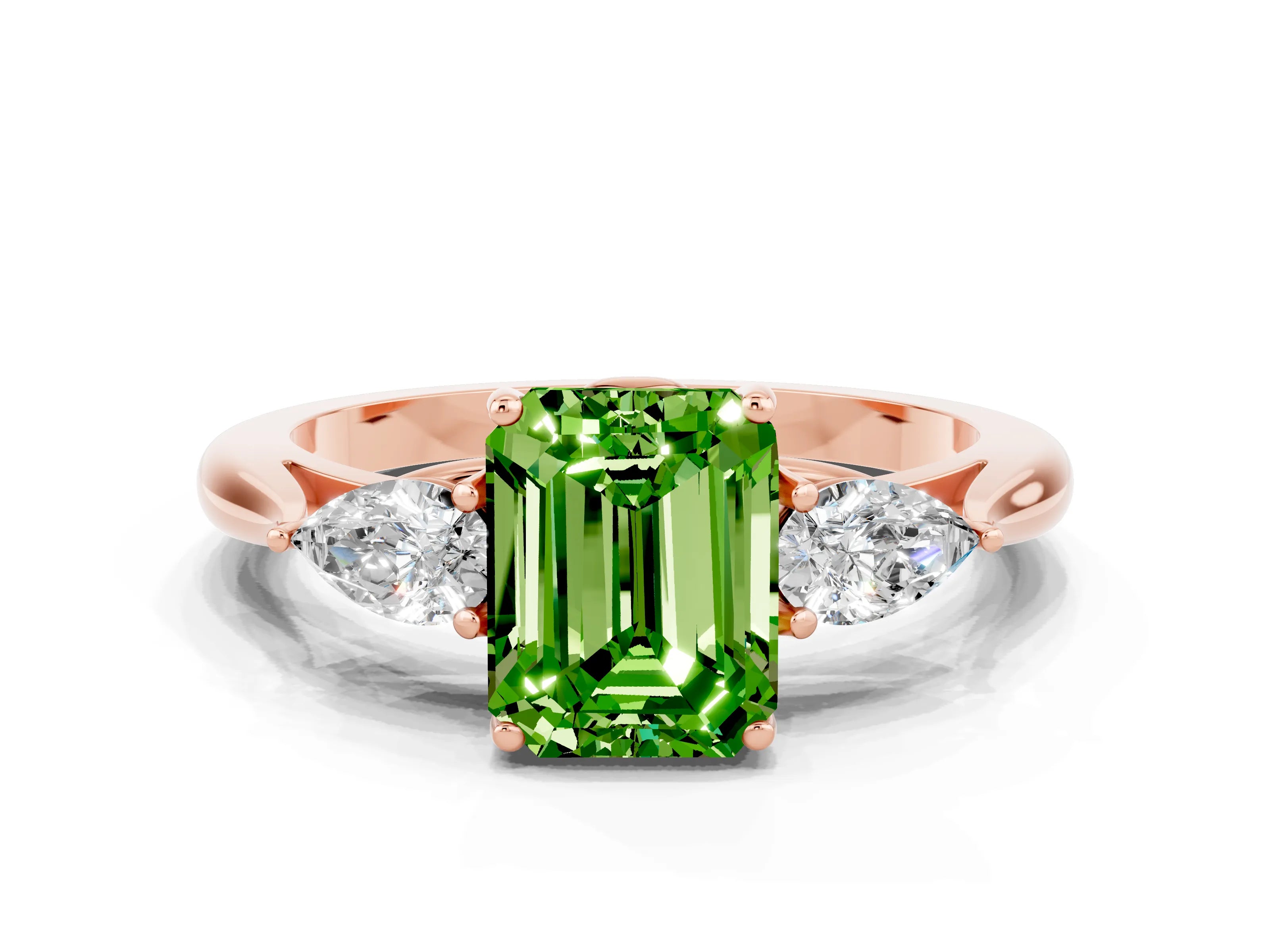 Rose gold Emerald Cut Peridot Three-Stone Ring with Pear Side Stones and Four-Prong Setting_12