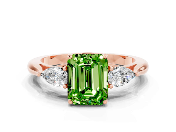 Rose gold Emerald Cut Peridot Three-Stone Ring with Pear  Side Stones and Prong Setting