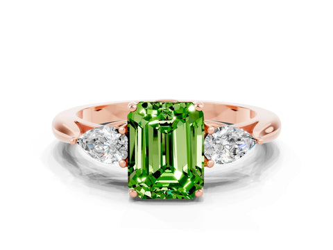 Rose gold Emerald Cut Peridot Three-Stone Ring with Pear Side Stones and Four-Prong Setting_12