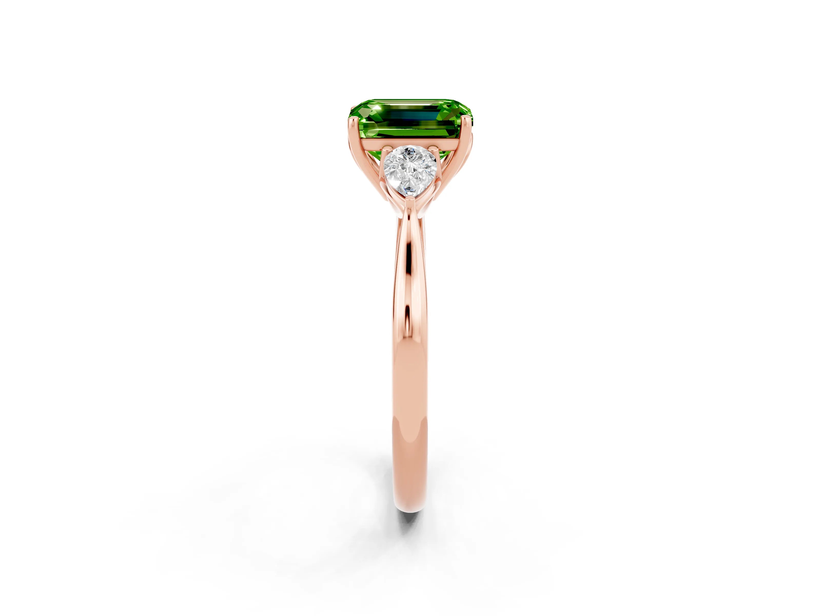 Rose gold Emerald Cut Peridot Three-Stone Ring with Pear Side Stones and Four-Prong Setting_14