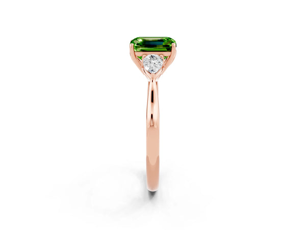 Rose gold Emerald Cut Peridot Three-Stone Ring with Pear  Side Stones and Prong Setting