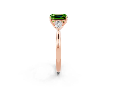 Rose gold Emerald Cut Peridot Three-Stone Ring with Pear Side Stones and Four-Prong Setting_14