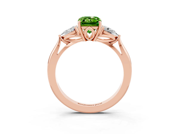 Rose gold Emerald Cut Peridot Three-Stone Ring with Pear  Side Stones and Prong Setting
