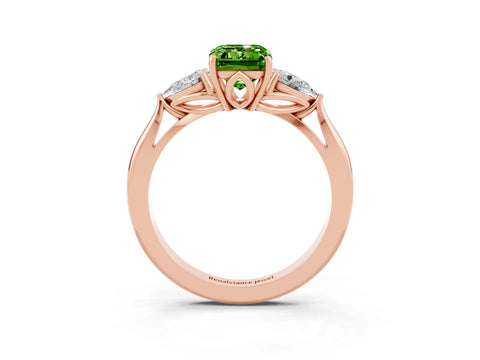 Rose gold Emerald Cut Peridot Three-Stone Ring with Pear Side Stones and Four-Prong Setting_15
