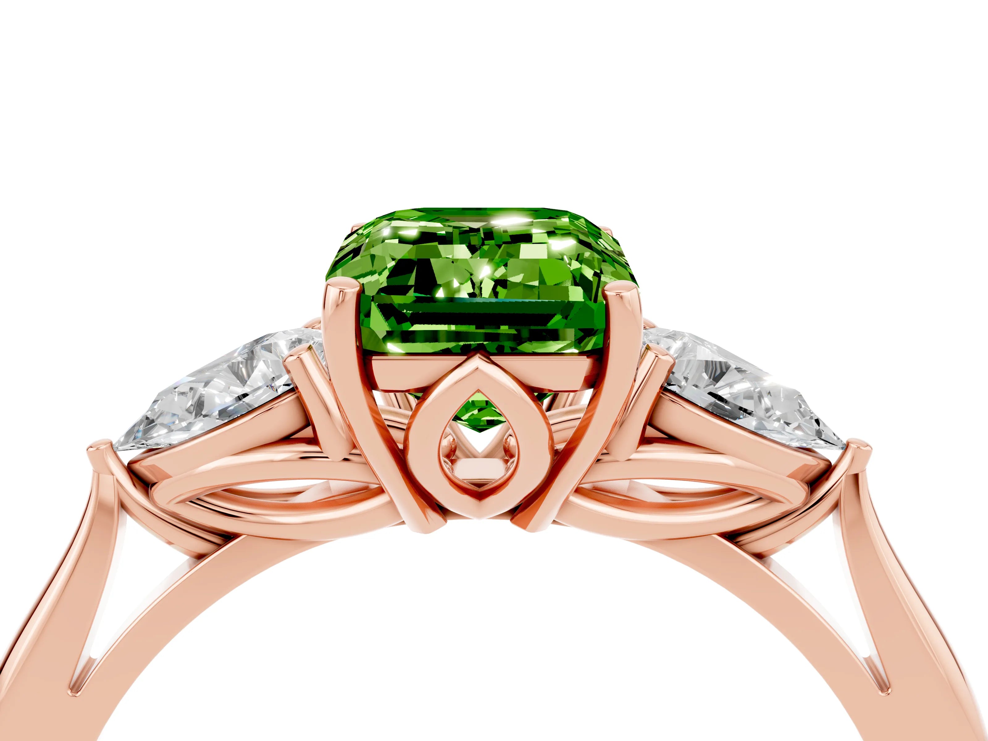 Rose gold Emerald Cut Peridot Three-Stone Ring with Pear Side Stones and Four-Prong Setting_16