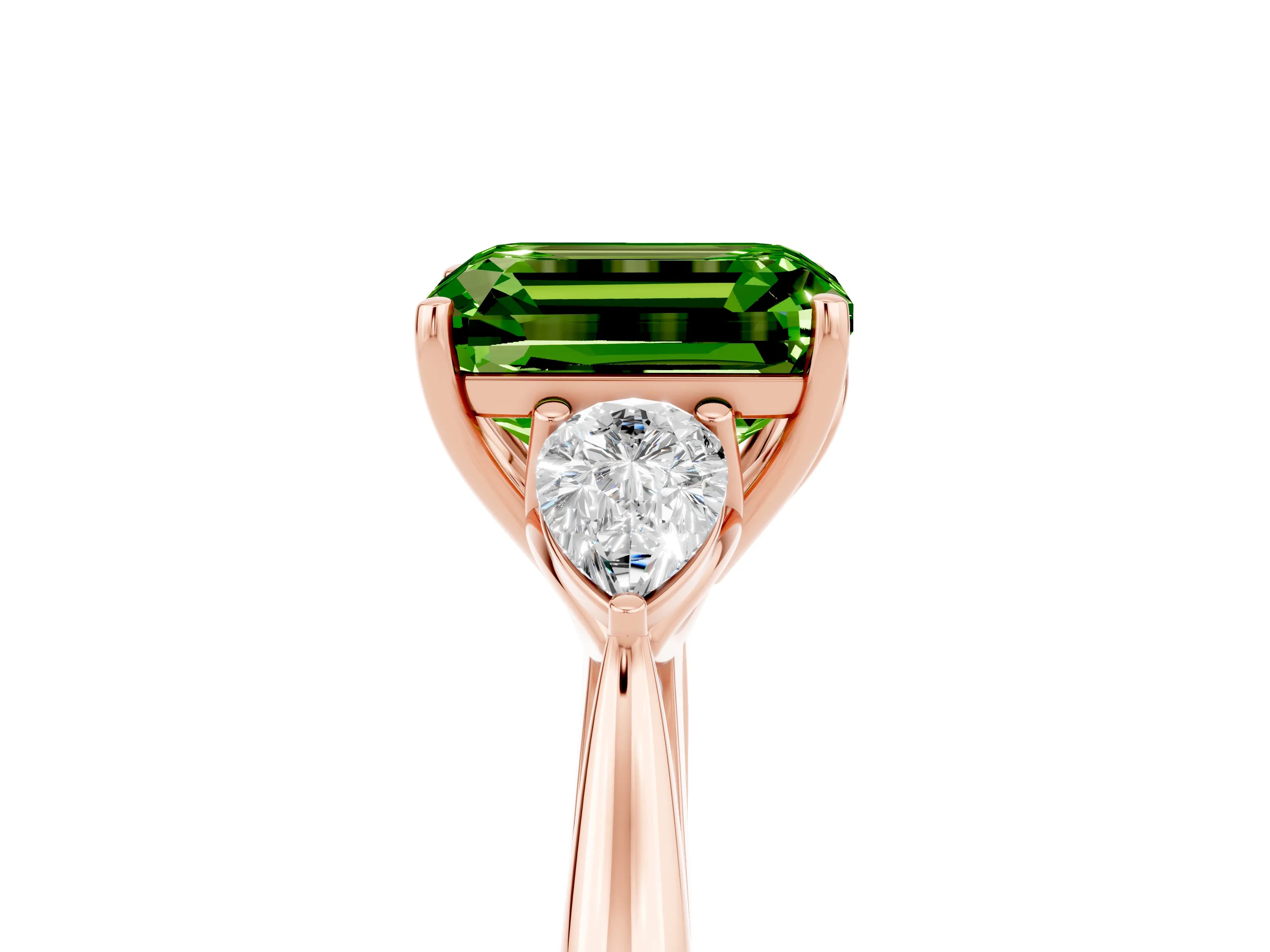 Rose gold Emerald Cut Peridot Three-Stone Ring with Pear Side Stones and Four-Prong Setting_17