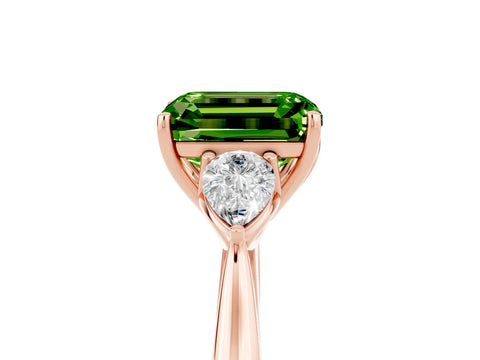 Rose gold Emerald Cut Peridot Three-Stone Ring with Pear Side Stones and Four-Prong Setting_17