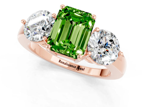 Rose gold Emerald Cut Peridot Three-Stone Ring with Prong Setting and Classic Band_1