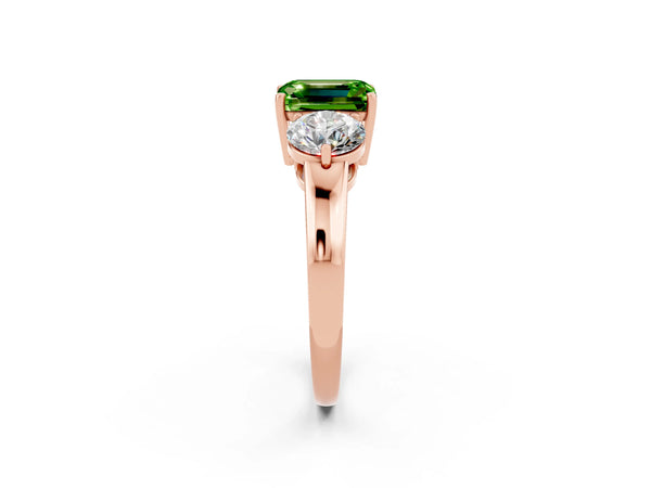 Rose gold Emerald Cut Peridot Three-Stone Ring with Prong Setting and Classic Band