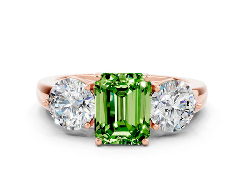 Rose gold Emerald Cut Peridot Three-Stone Ring with Prong Setting and Classic Band