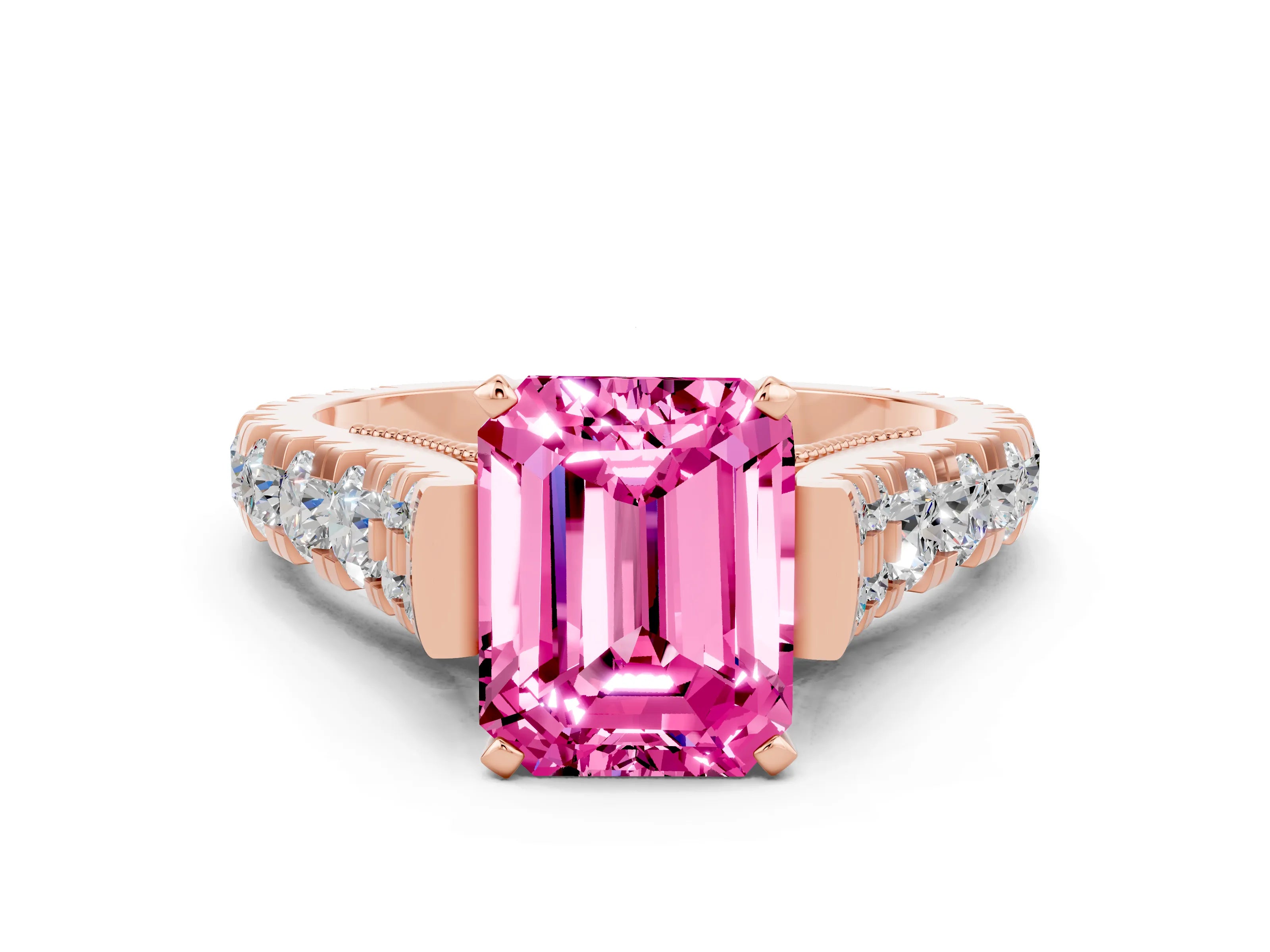 Rose gold Emerald Cut Pink Sapphire Classic Solitaire Ring with Pavé Band and Four-Prong Setting_12