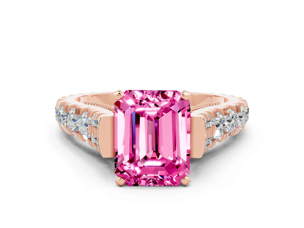 Rose gold Emerald Cut Pink Sapphire Classic Solitaire Ring with Pavé Band and Four-Prong Setting