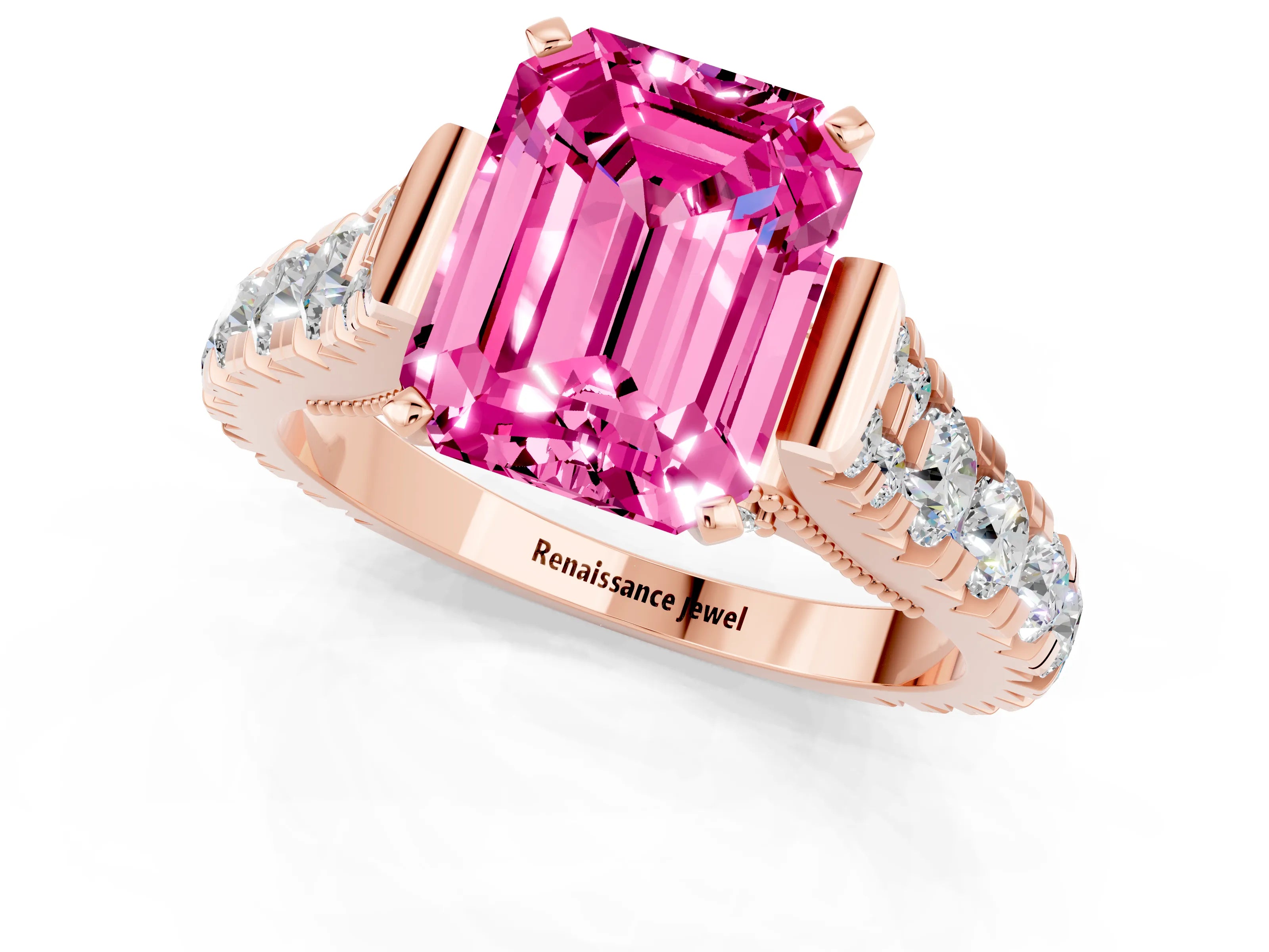 Rose gold Emerald Cut Pink Sapphire Classic Solitaire Ring with Pavé Band and Four-Prong Setting_13