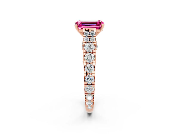 Rose gold Emerald Cut Pink Sapphire Classic Solitaire Ring with Pavé Band and Four-Prong Setting