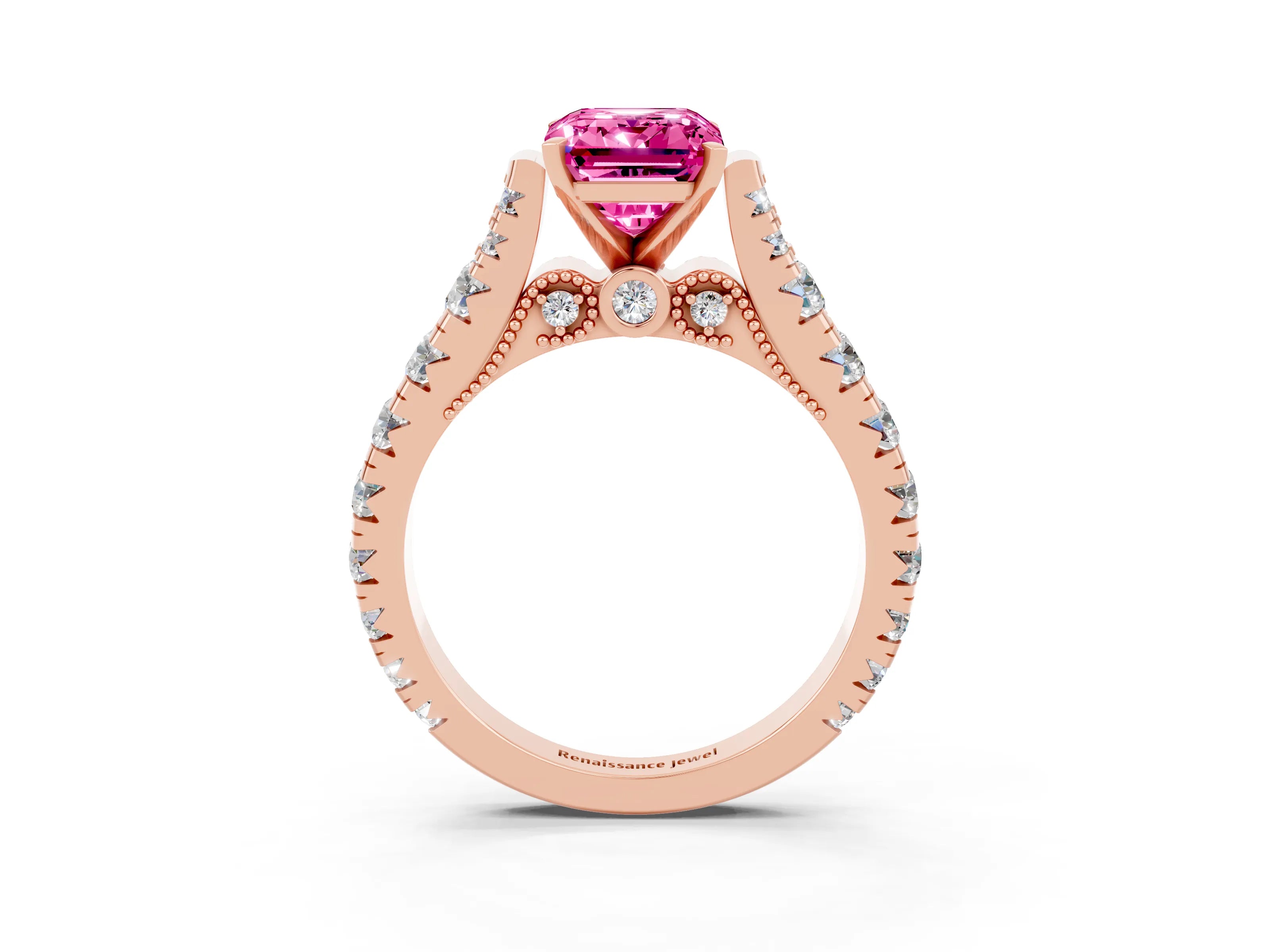 Rose gold Emerald Cut Pink Sapphire Classic Solitaire Ring with Pavé Band and Four-Prong Setting_15