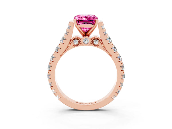 Rose gold Emerald Cut Pink Sapphire Classic Solitaire Ring with Pavé Band and Four-Prong Setting